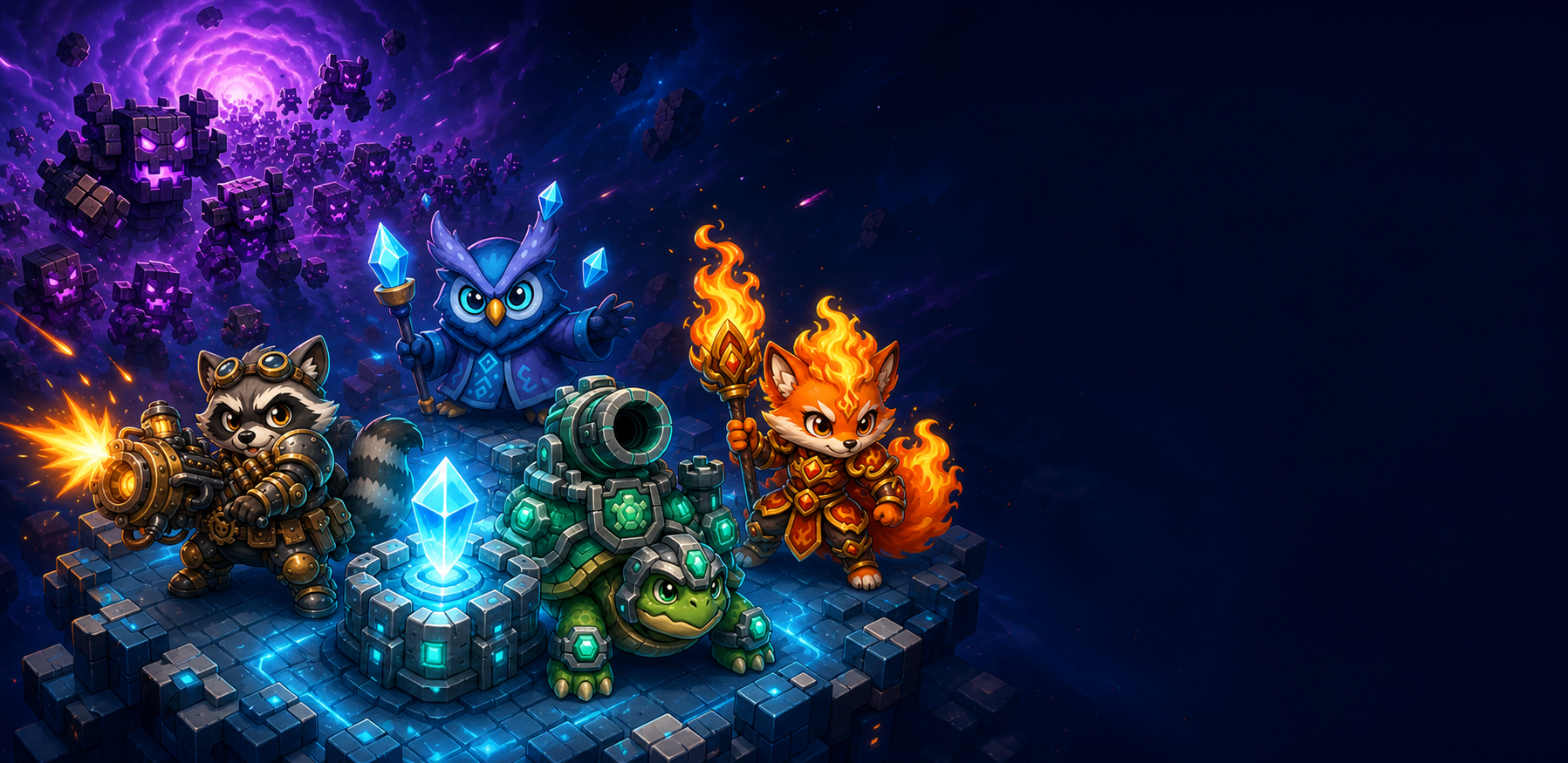 Starvoxel: Defender key art showing its co-op merge tower defense battle