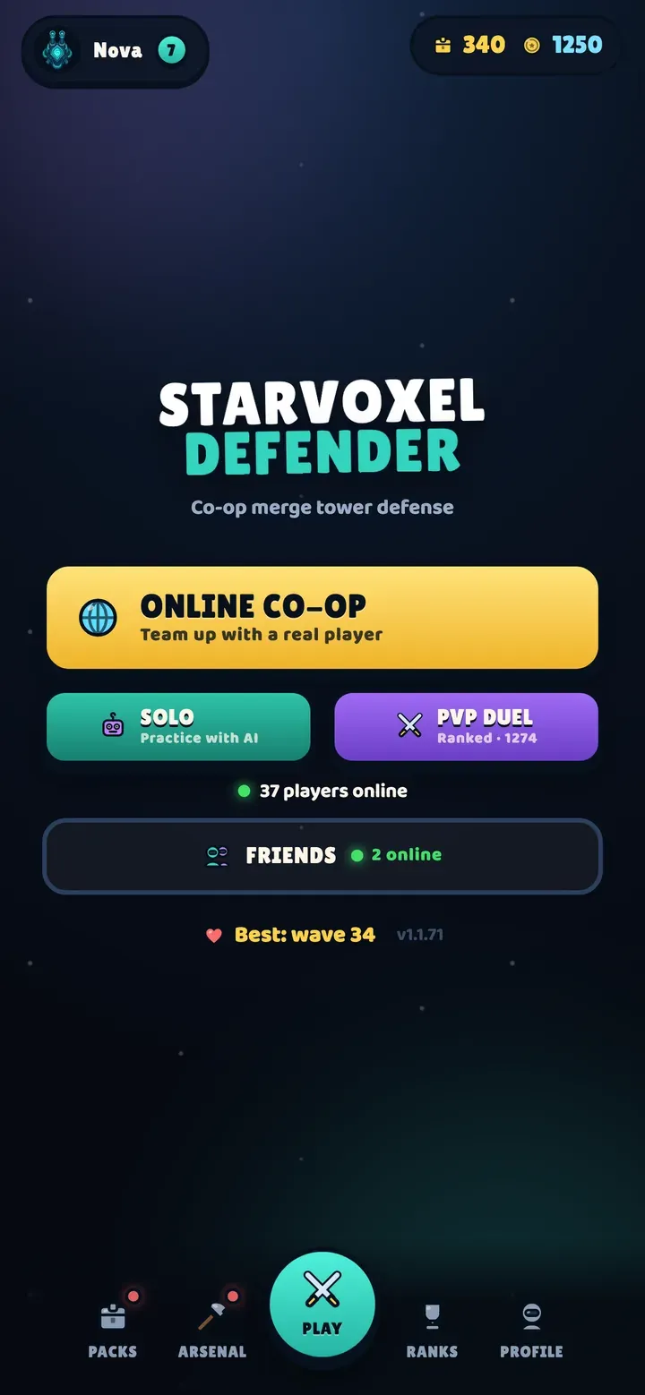 Starvoxel: Defender home screen with Online Co-op, Solo, ranked PvP Duel and Friends options