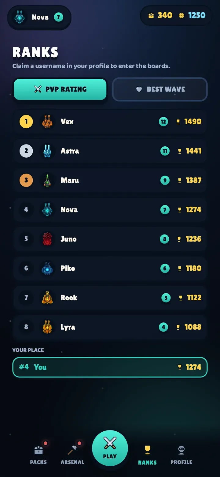 Ranked PvP leaderboard listing players by Elo rating with gold, silver and bronze medals and the player's own rank highlighted